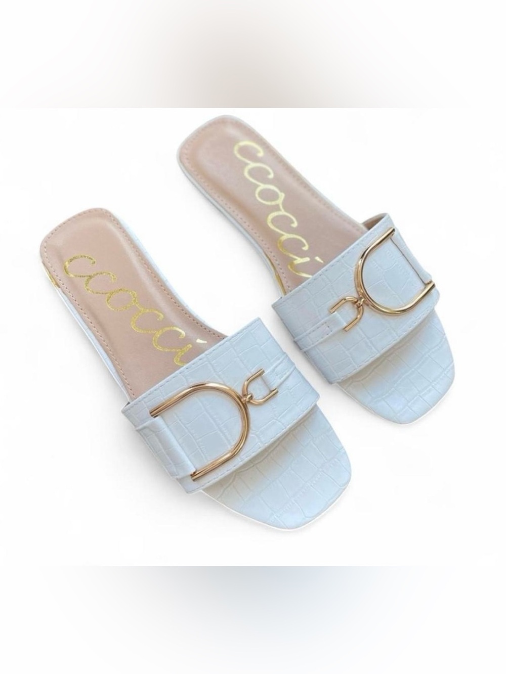 CCOCCI White Croc-Embossed Slide Sandals with Gold Buckle